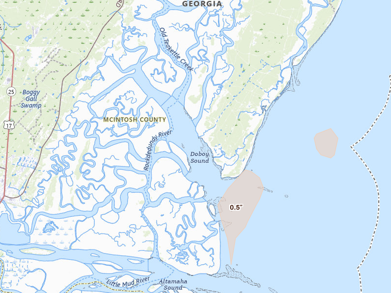 Radar-estimated hail-size map of the storm over Sapelo Island, GA on Mar 16, 2026