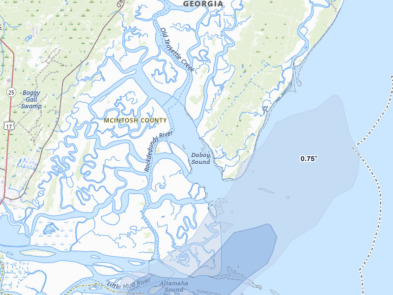 NEXRAD radar-signature map of the hail storm over Sapelo Island, GA on Mar 16, 2026