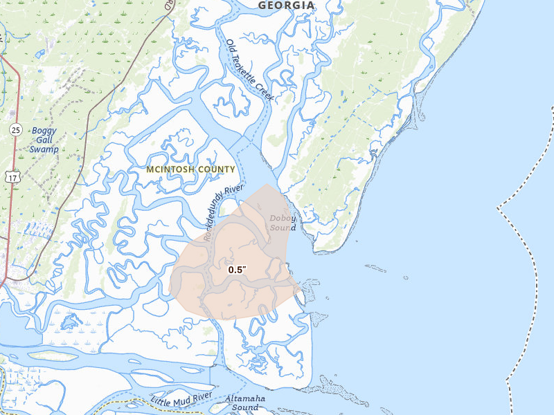 Radar-estimated hail-size map of the storm over Sapelo Island, GA on Jul 12, 2026