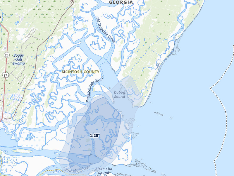 NEXRAD radar-signature map of the hail storm over Sapelo Island, GA on Jul 12, 2026