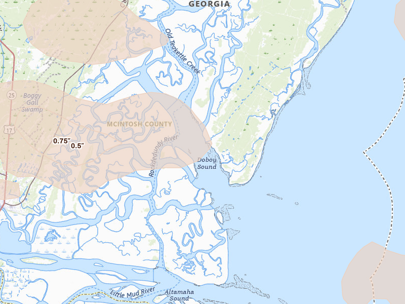 Radar-estimated hail-size map of the storm over Sapelo Island, GA on Jul 29, 2026