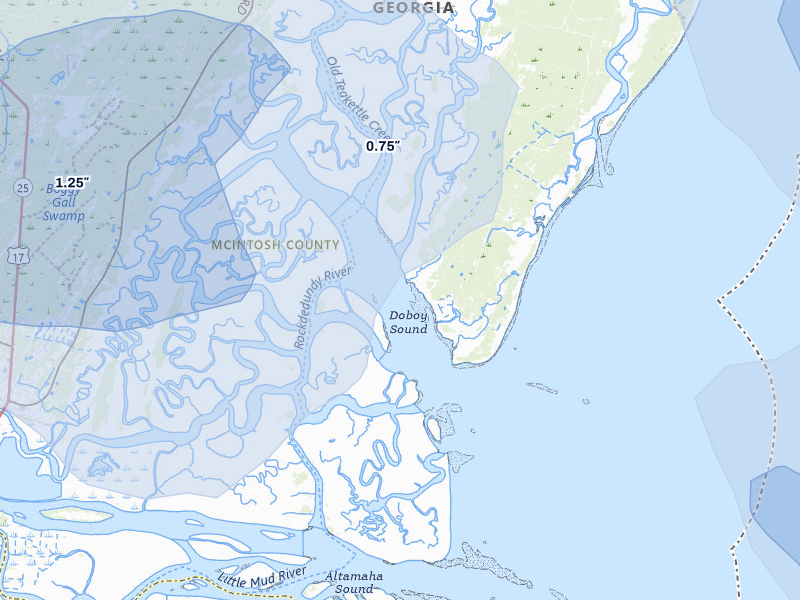 NEXRAD radar-signature map of the hail storm over Sapelo Island, GA on Jul 29, 2026