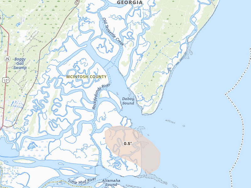 Radar-estimated hail-size map of the storm over Sapelo Island, GA on Aug 12, 2026
