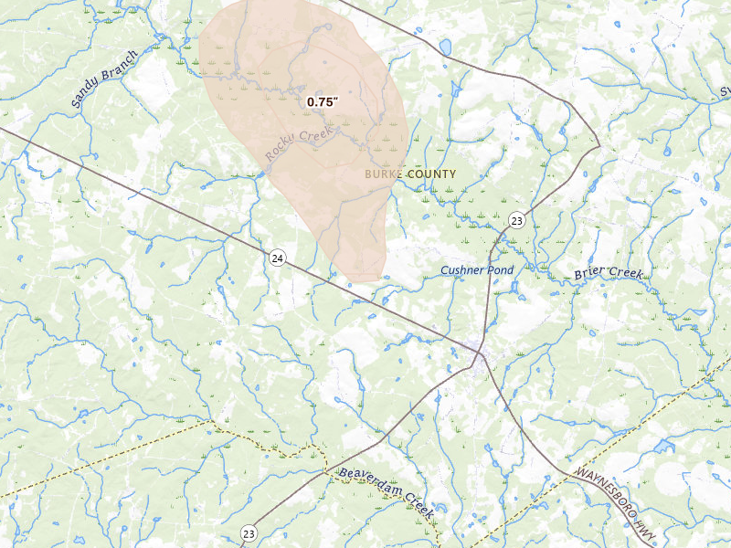 Radar-estimated hail-size map of the storm over Sardis, GA on Jul 17, 2026