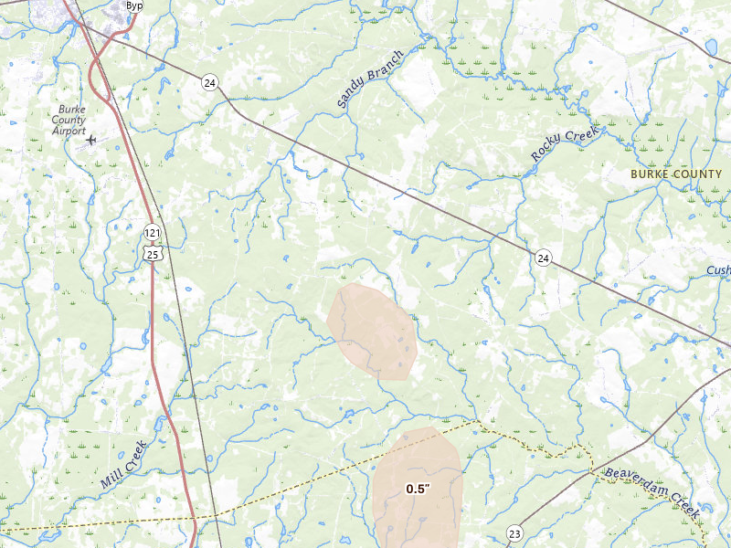 Radar-estimated hail-size map of the storm over Sardis, GA on Aug 6, 2026