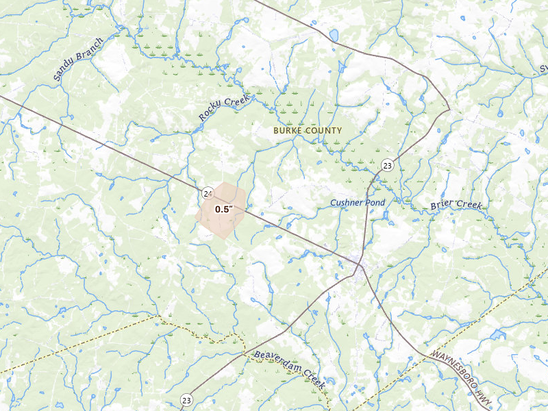 Radar-estimated hail-size map of the storm over Sardis, GA on Aug 13, 2026
