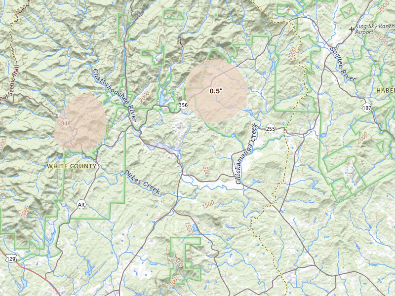 Radar-estimated hail-size map of the storm over Sautee Nacoochee, GA on May 6, 2026