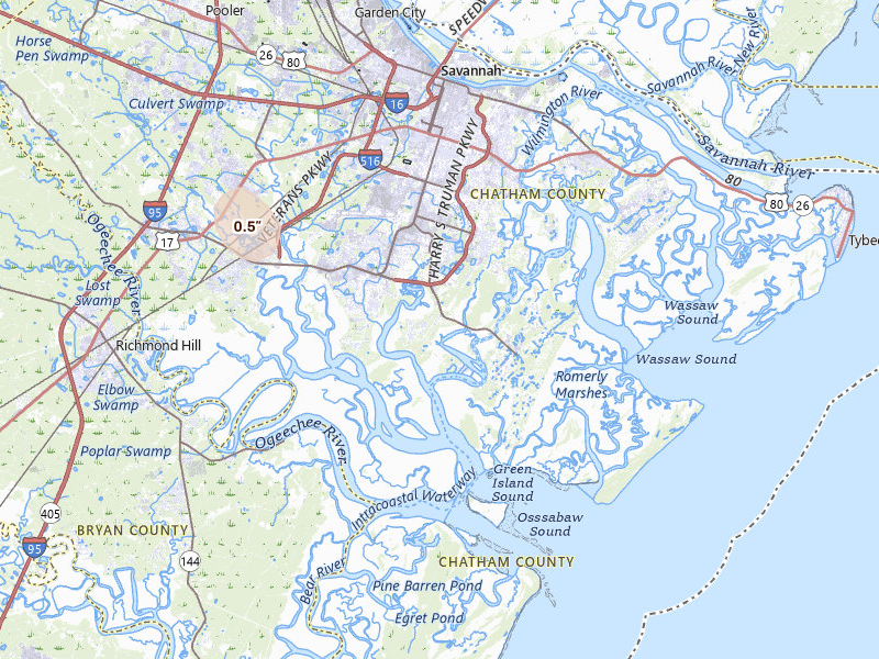 Radar-estimated hail-size map of the storm over Savannah, GA on Jun 12, 2026