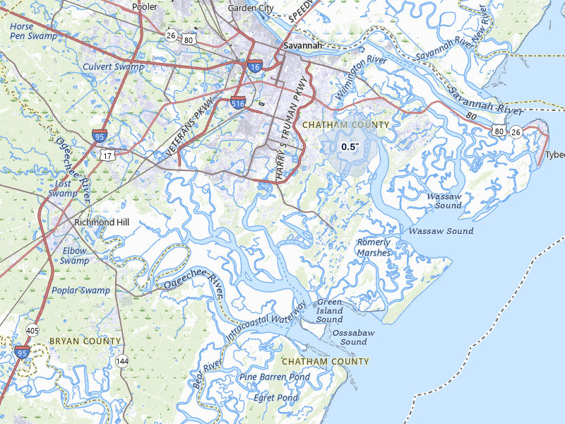 NEXRAD radar-signature map of the hail storm over Savannah, GA on Jun 26, 2026