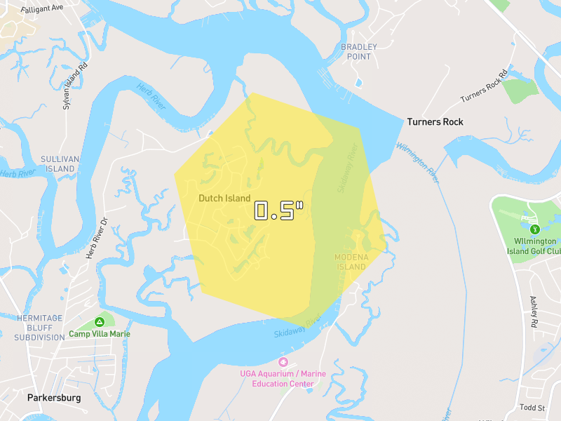 Hail map of Savannah, GA on Jun 26, 2026, hail up to 0.5"