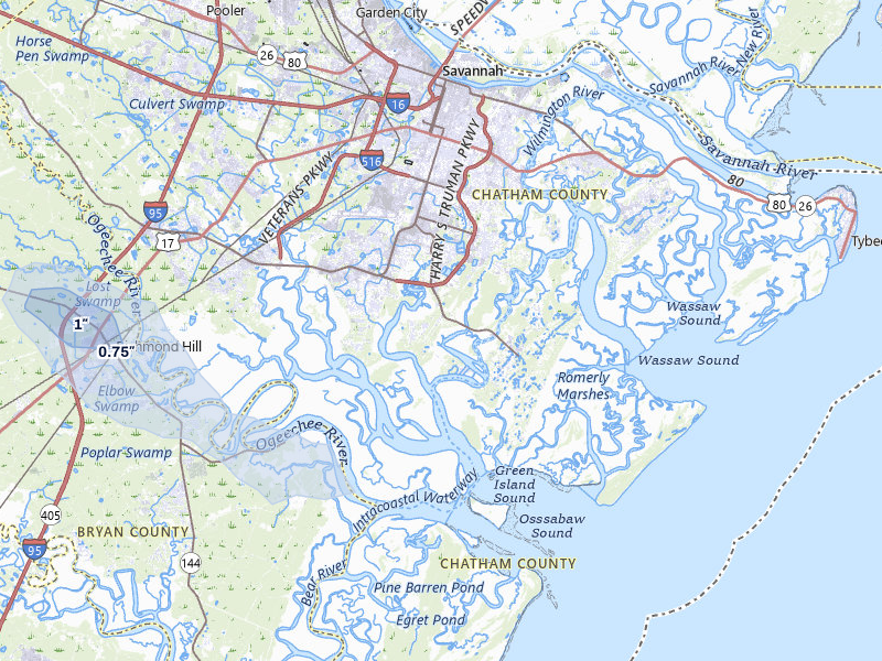 NEXRAD radar-signature map of the hail storm over Savannah, GA on Jun 27, 2026