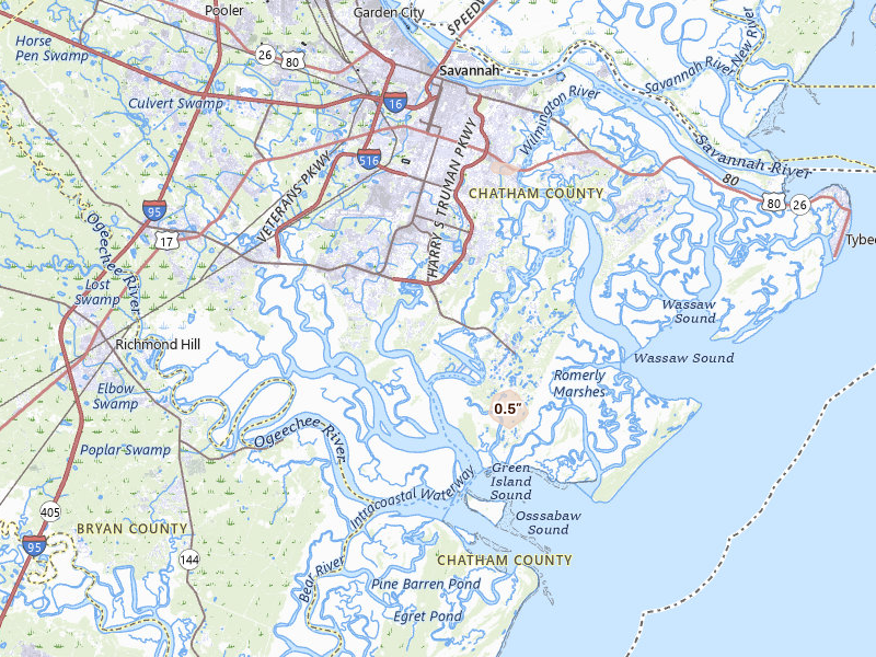 Radar-estimated hail-size map of the storm over Savannah, GA on Jun 29, 2026