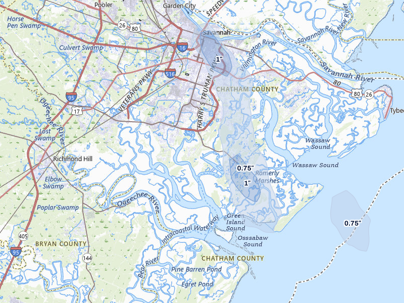 NEXRAD radar-signature map of the hail storm over Savannah, GA on Jun 29, 2026