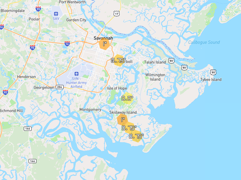 Hail map of Savannah, GA on Jun 29, 2026, hail up to 1"