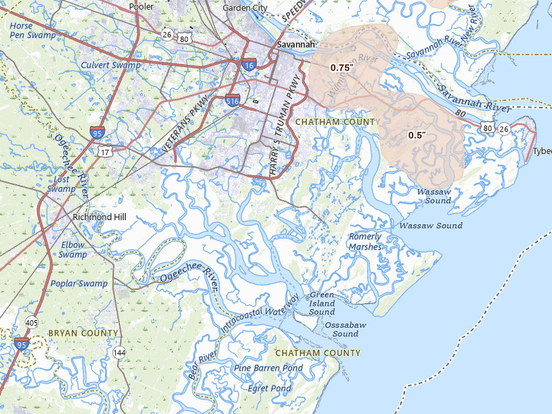 Radar-estimated hail-size map of the storm over Savannah, GA on Jul 5, 2026