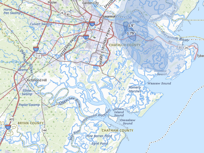 NEXRAD radar-signature map of the hail storm over Savannah, GA on Jul 5, 2026