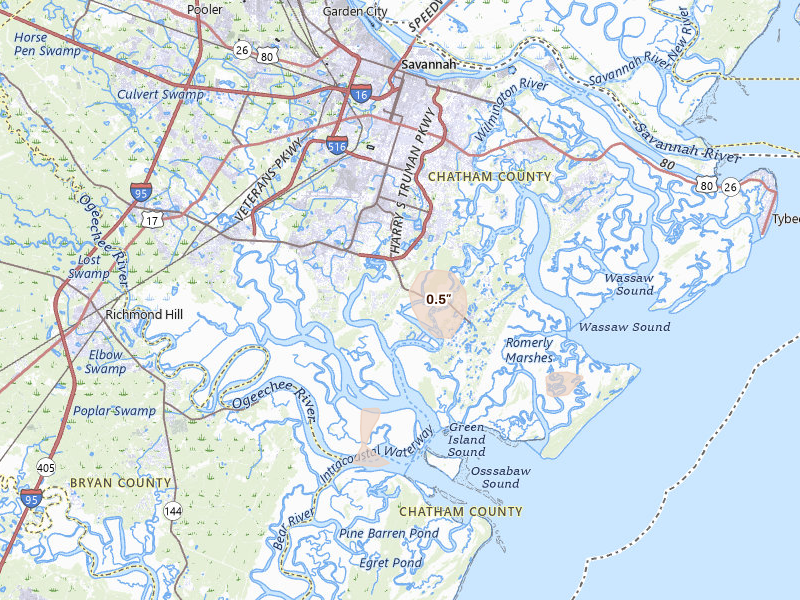 Radar-estimated hail-size map of the storm over Savannah, GA on Jul 7, 2026