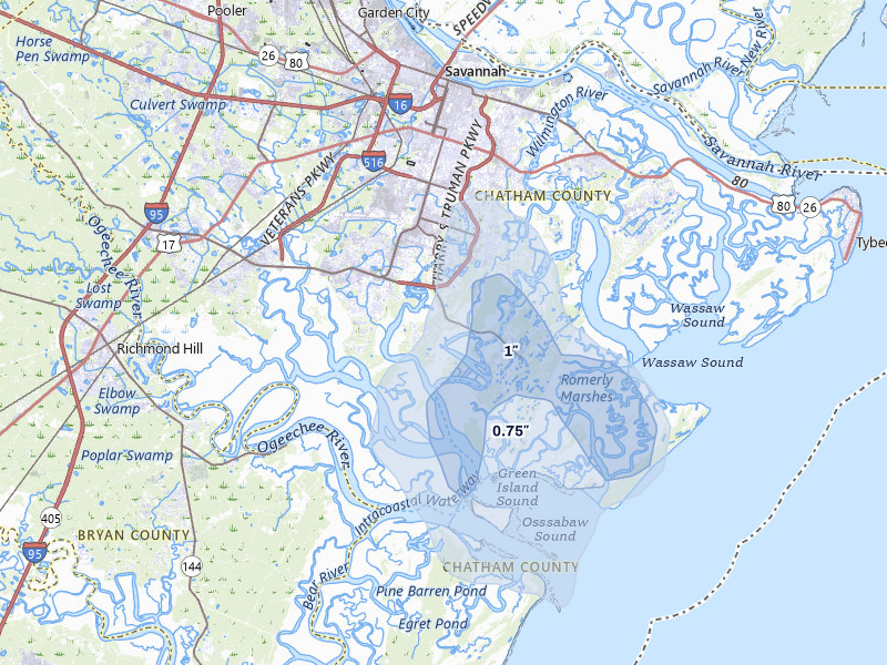 NEXRAD radar-signature map of the hail storm over Savannah, GA on Jul 7, 2026