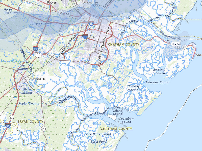 NEXRAD radar-signature map of the hail storm over Savannah, GA on Jul 9, 2026