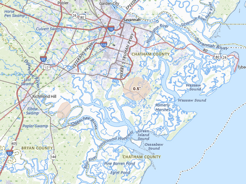 Radar-estimated hail-size map of the storm over Savannah, GA on Jul 11, 2026