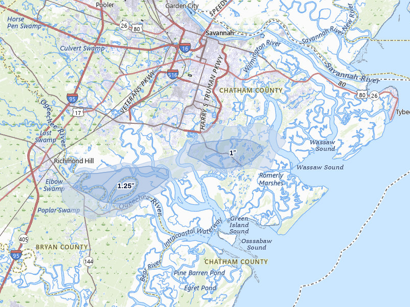 NEXRAD radar-signature map of the hail storm over Savannah, GA on Jul 11, 2026