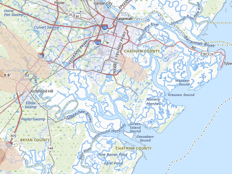 Radar-estimated hail-size map of the storm over Savannah, GA on Jul 29, 2026