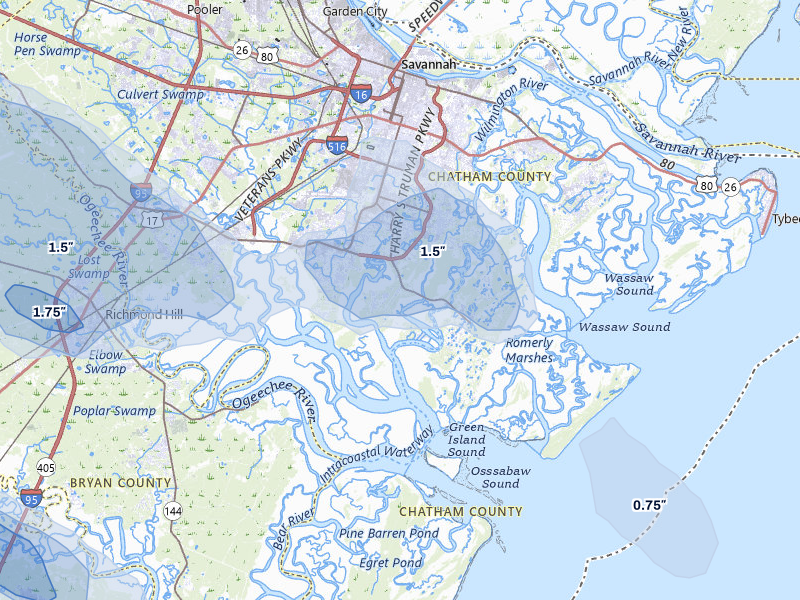 NEXRAD radar-signature map of the hail storm over Savannah, GA on Jul 29, 2026