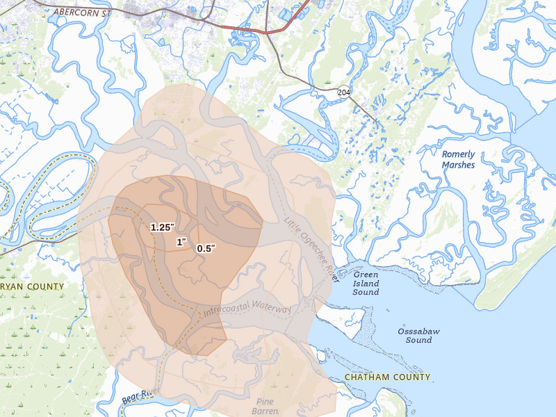 Radar-estimated hail-size map of the storm over Savannah, GA on Aug 10, 2026