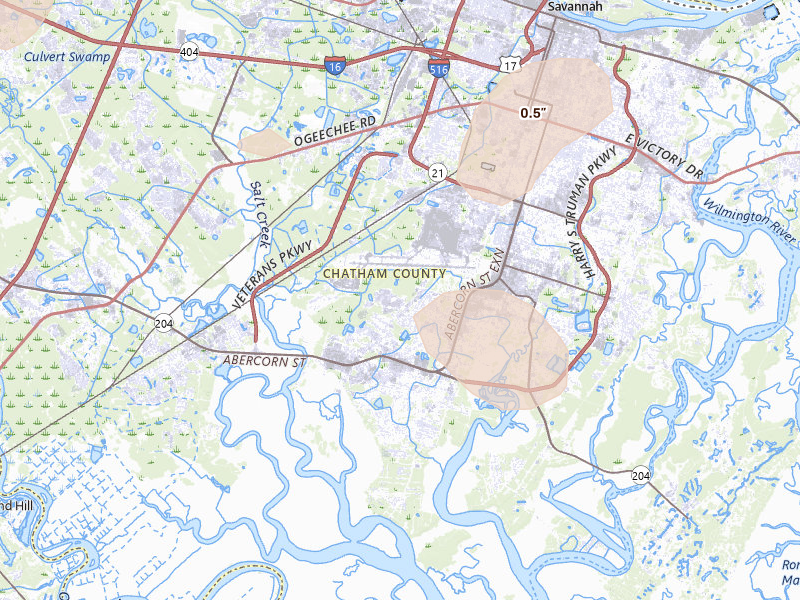 Radar-estimated hail-size map of the storm over Savannah, GA on Aug 25, 2026