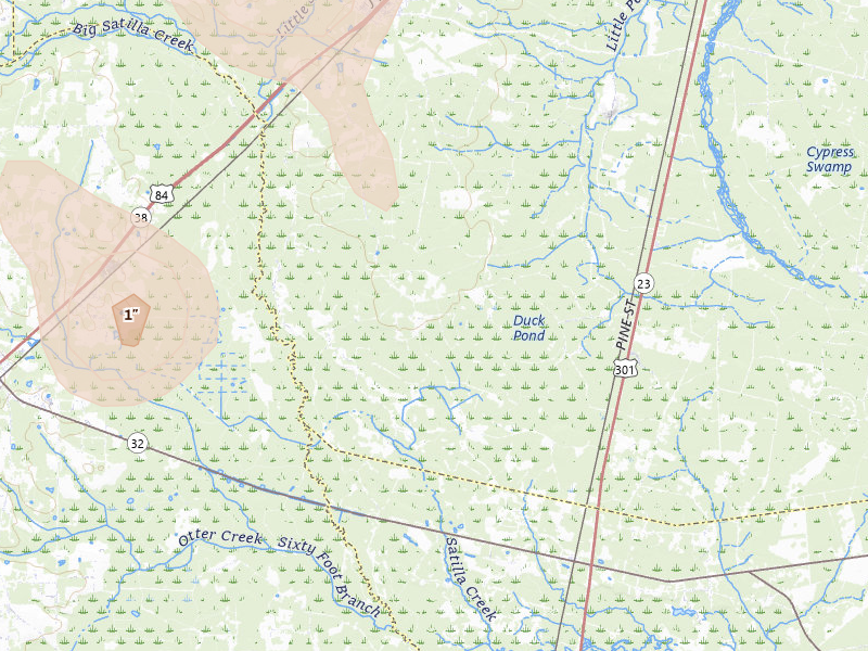 Radar-estimated hail-size map of the storm over Screven, GA on May 17, 2026
