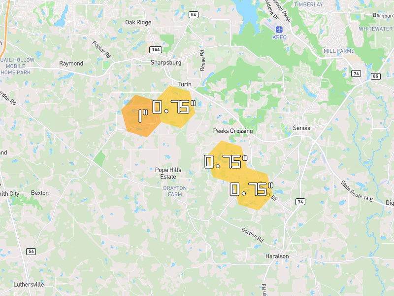 Hail map of Senoia, GA on Jul 29, 2026, hail up to 1"