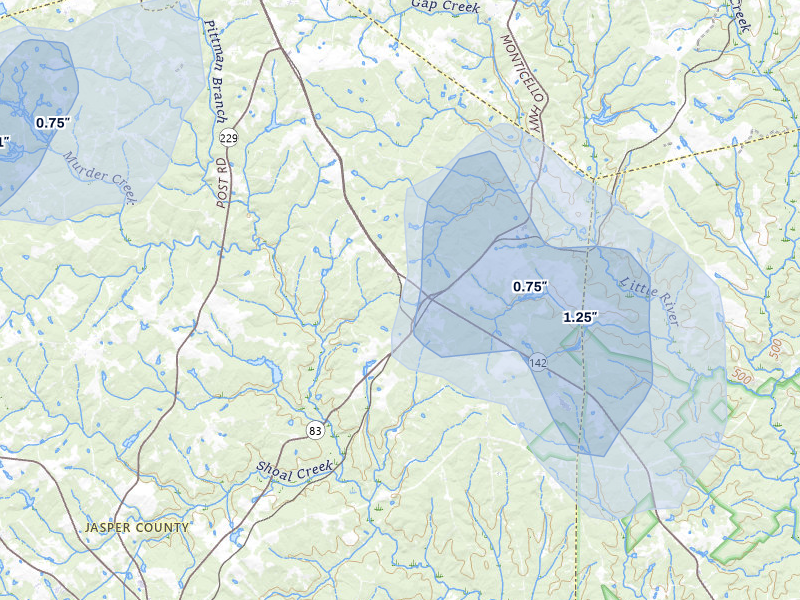 NEXRAD radar-signature map of the hail storm over Shady Dale, GA on Jul 9, 2026