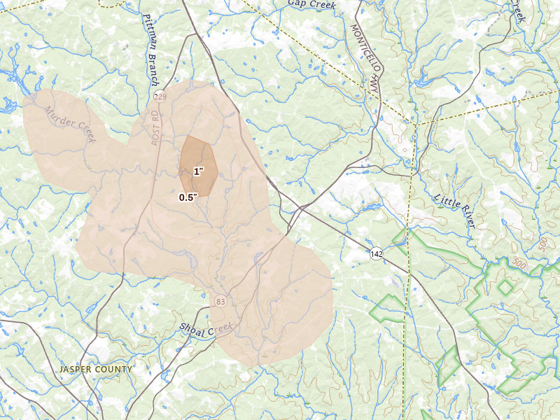 Radar-estimated hail-size map of the storm over Shady Dale, GA