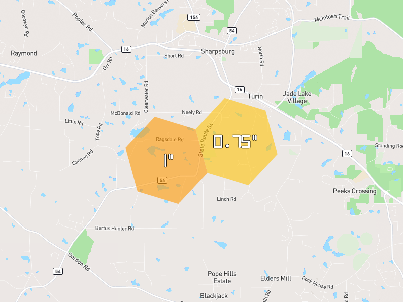 Hail map of Sharpsburg, GA on Jul 29, 2026, hail up to 1"