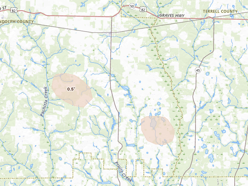 Radar-estimated hail-size map of the storm over Shellman, GA on Jul 29, 2026