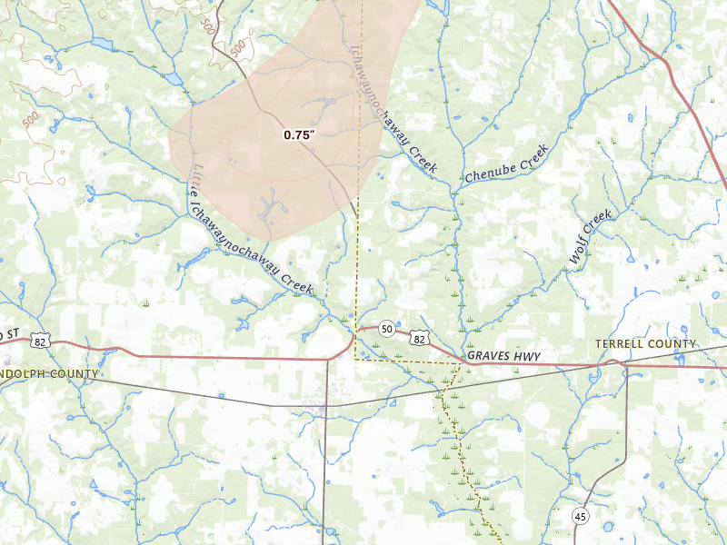 Radar-estimated hail-size map of the storm over Shellman, GA on Aug 13, 2026
