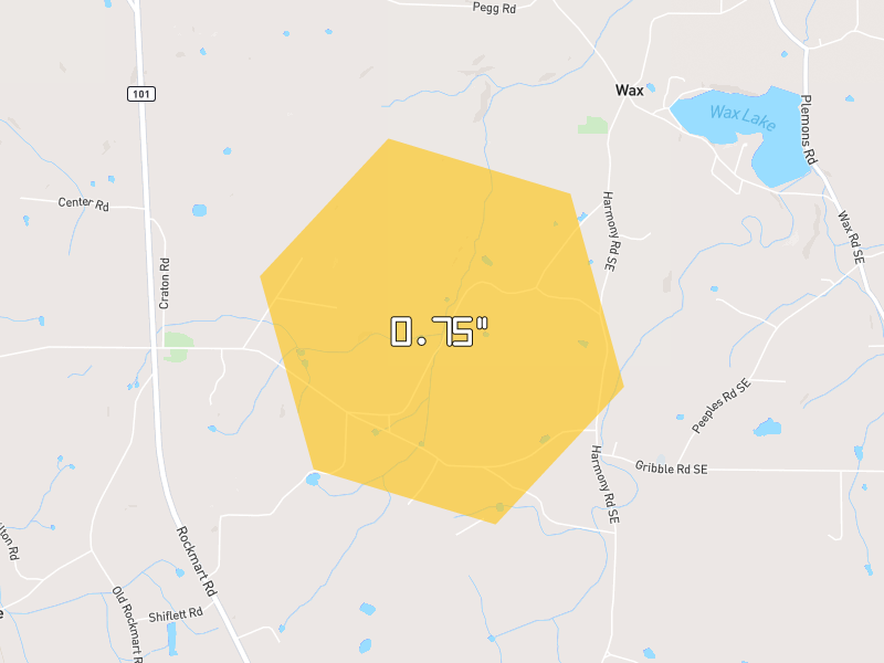 Hail map of Silver Creek, GA on Jul 13, 2026, hail up to 0.75"