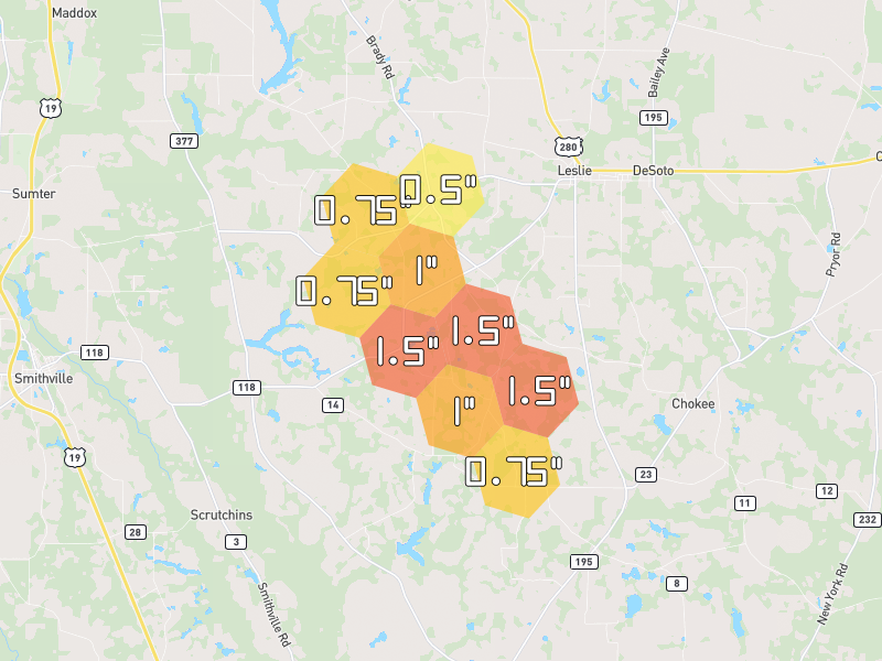 Hail map of Smithville, GA on Jul 29, 2026, hail up to 1.5"