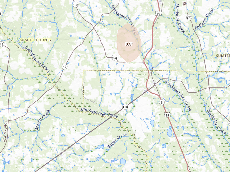 Radar-estimated hail-size map of the storm over Smithville, GA on Aug 13, 2026