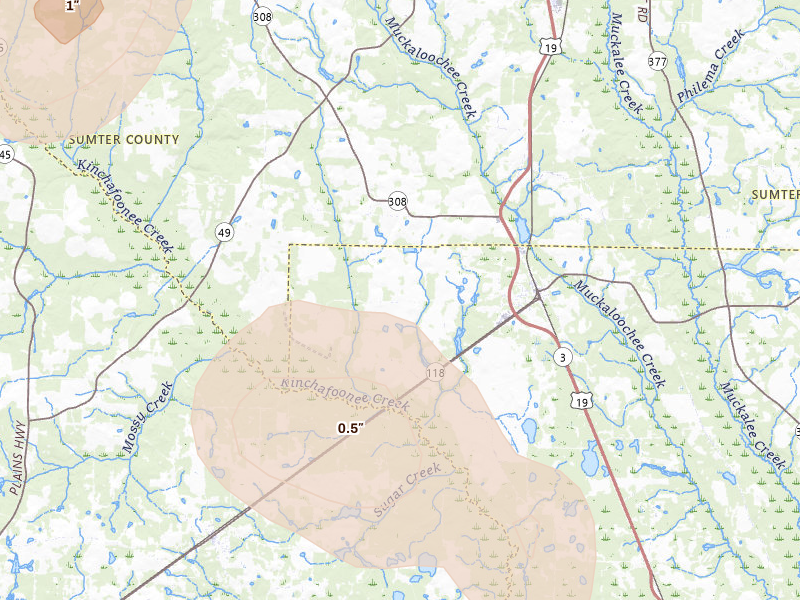 Radar-estimated hail-size map of the storm over Smithville, GA on Aug 21, 2026