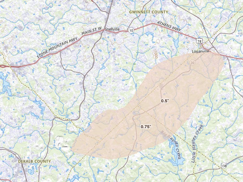 Radar-estimated hail-size map of the storm over Snellville, GA on Mar 7, 2026