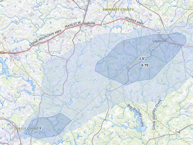 NEXRAD radar-signature map of the hail storm over Snellville, GA on Mar 7, 2026