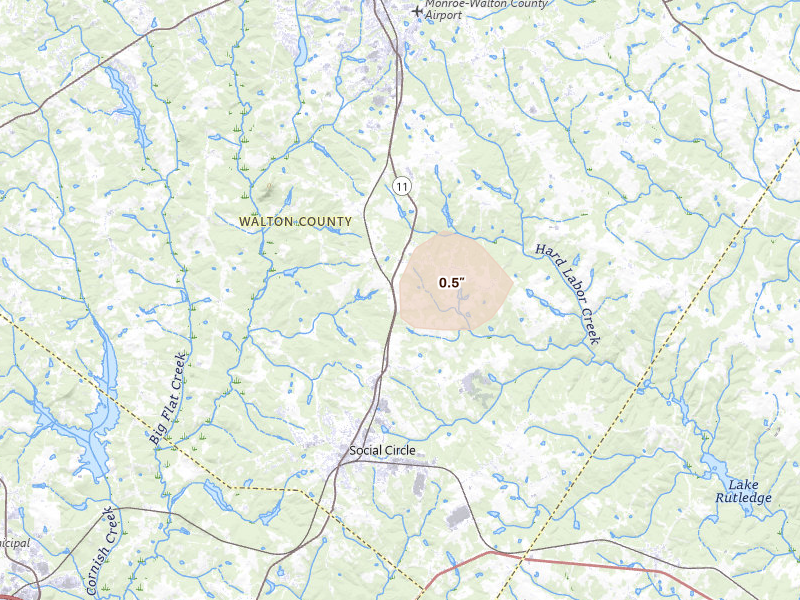 Radar-estimated hail-size map of the storm over Social Circle, GA on Jun 27, 2026