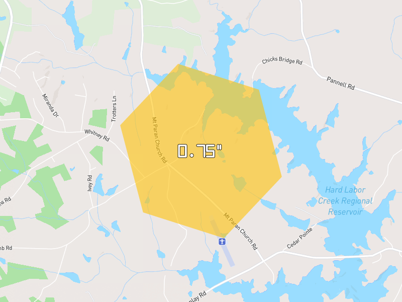 Hail map of Social Circle, GA on Jun 27, 2026, hail up to 0.75"