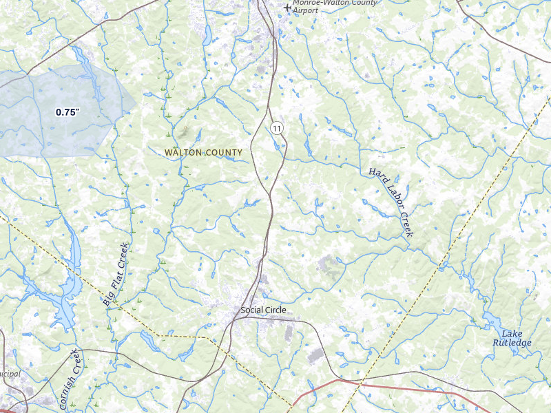 NEXRAD radar-signature map of the hail storm over Social Circle, GA on Jul 10, 2026