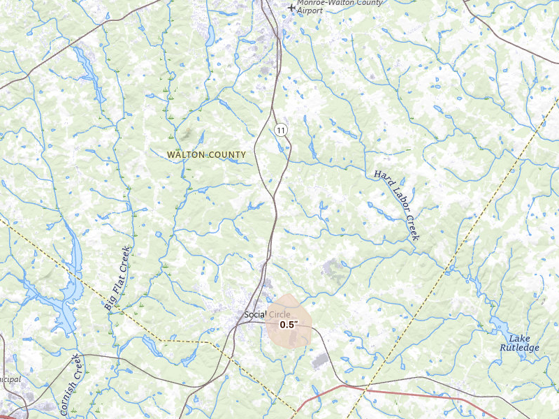 Radar-estimated hail-size map of the storm over Social Circle, GA on Jul 27, 2026