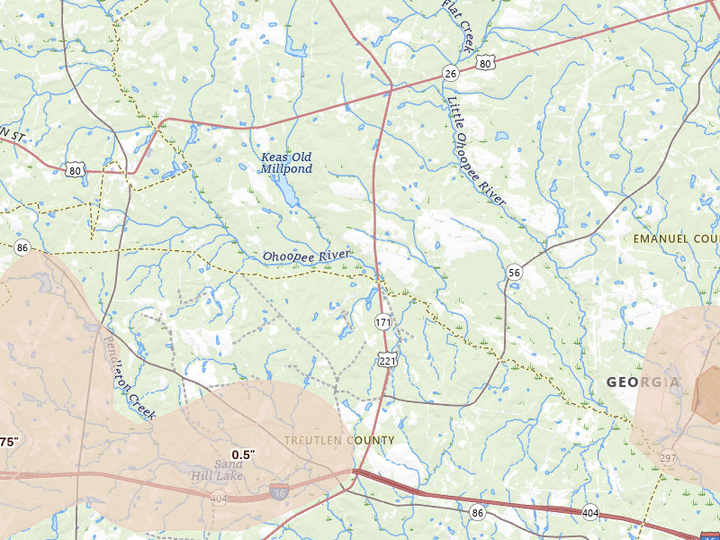 Radar-estimated hail-size map of the storm over Soperton, GA on May 17, 2026