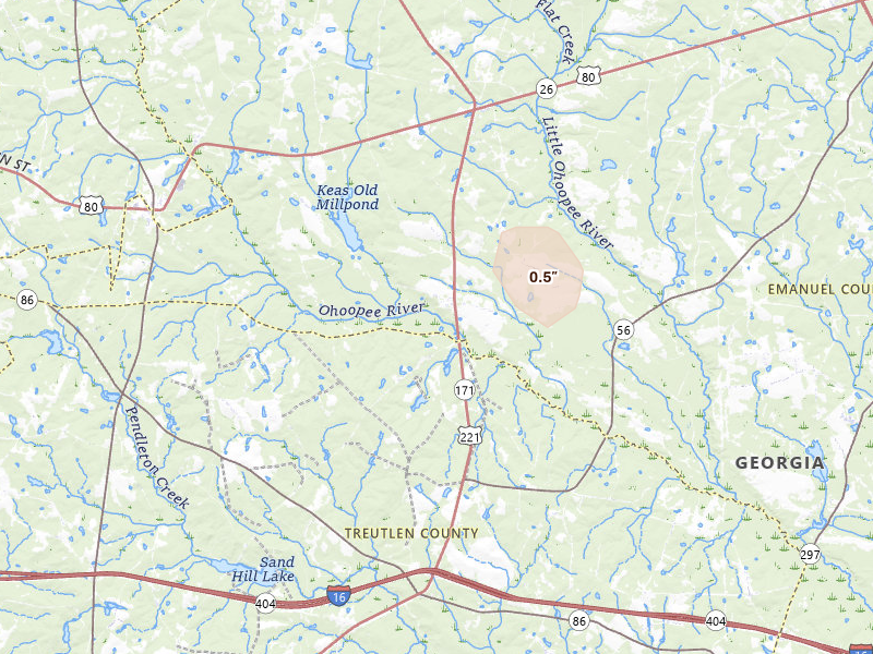 Radar-estimated hail-size map of the storm over Soperton, GA on Jun 29, 2026