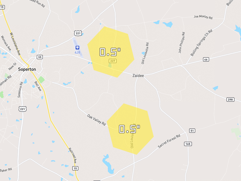 Hail map of Soperton, GA on Jul 28, 2026, hail up to 0.5"