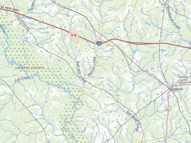 Radar-estimated hail-size map of the storm over Soperton, GA on Aug 15, 2026